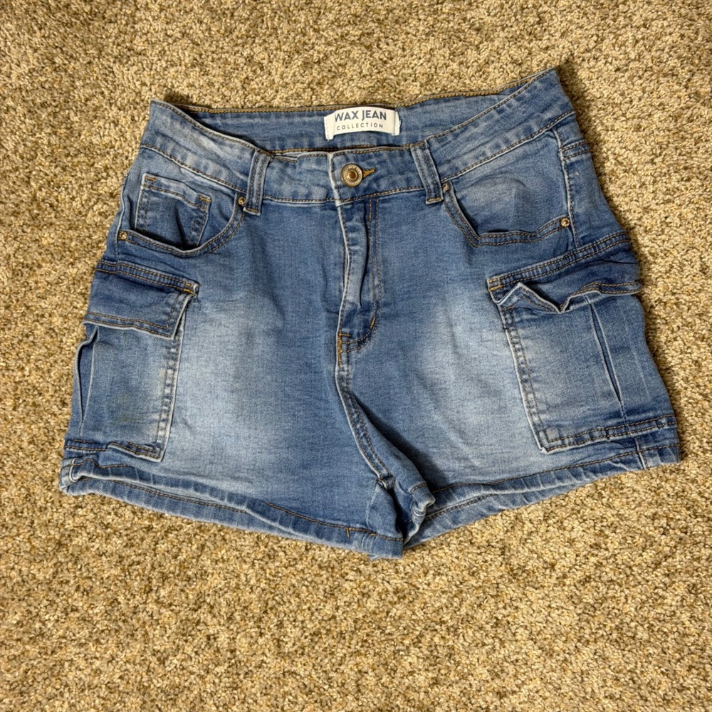 Y2K Wax Jean Cargo Denim Shorts Light Wash Low Rise Stretch Shorts Women's L